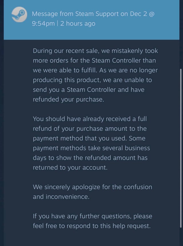 玩家晒出Steam手柄退款邮件全文 停产理由未公布